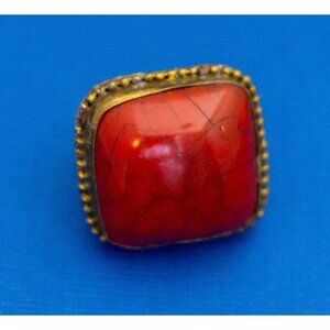 Size 7, Vintage Adjustable Red Faux Gem Art Deco Gold Tone Ring D9